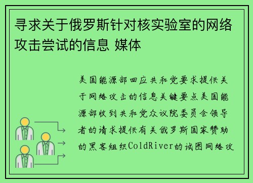 寻求关于俄罗斯针对核实验室的网络攻击尝试的信息 媒体